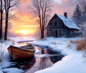 Dom, Śnieg, Zima, Łódź, Zachód słońca, Rzeka, AI, Drzewa