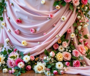 Zielone, Róże, Różowe, Listki, Kolorowe, Dekoracja, Płótno