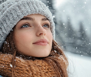 Śnieg, Spojrzenie, Szatynka, Zima, Szal, Kobieta, Czapka