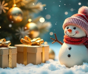 Śnieg, Światła, Udekorowana, AI, Choinka, Prezenty, Bałwan, Czapka, Szalik