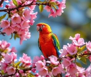 Drzewo owocowe, Kwiaty, Kolorowa, Papuga