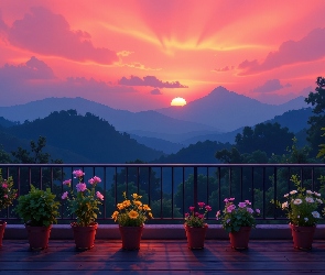 Doniczki, Góry, Zachód słońca, Balkon, Kwiaty