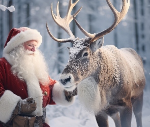 Renifer, Las, Śnieg, Zima, Mikołaj