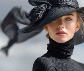 Bluzka, Kapelusz, Kobieta, Czarny