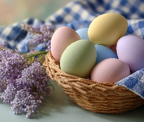 Jajka, Fioletowe, Kolorowe, Serweta, Grafika Ai, Koszyk, Wielkanoc, Kwiaty