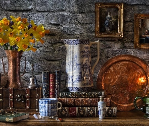 Obrazki, Lampa naftowa, Narcyzy żonkile, Kubek, Dzbanek, Kompozycja, Książki