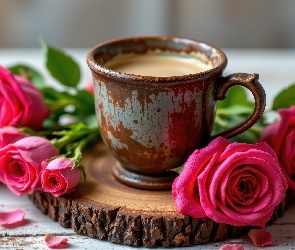 Filiżanka, Drewno, Róże, Kawa, Kubek