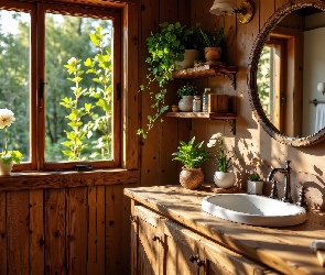 Kwiaty, Okno, Umywalka, Półki, Lustro, Łazienka, Szafka