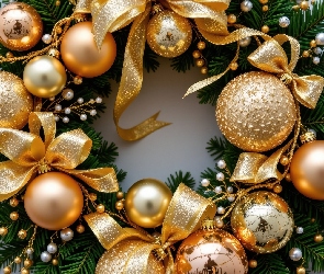 Gałązki, Złote, Wianek, AI, Kokardy, Boże Narodzenie, Bombki