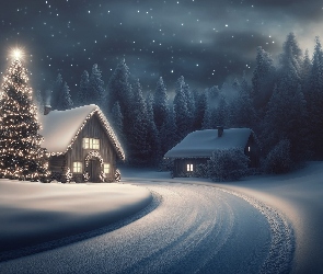 Noc, Zima, Domy, Choinka, Boże Narodzenie