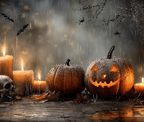 Grafika AI, Deszcz, Dynie, Halloween, Czaszka, Świece