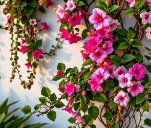 Różowe, Grafika AI, Ściana, Kwiaty, Pnące