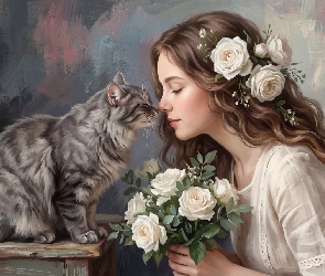 Dziewczyna, Kot, Róże, Długowłosa, Grafika