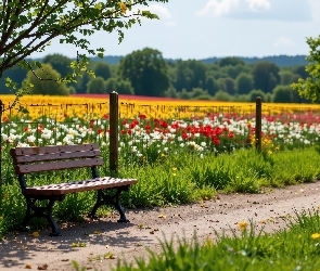 Tulipany, Pole, Ławka, Wiosna, Ogrodzenie, Drzewa, Ścieżka