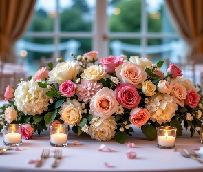 Róże, Stół, Świece, Hortensje, Kwiaty