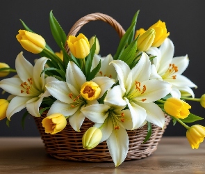 Koszyk, Tulipany, Białe, Kwiaty, Lilie, Żółte
