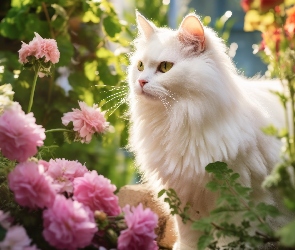 Kwiaty, Spojrzenie, Kot, Biały