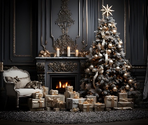 Choinka, Świece, Kominek, Prezenty, Boże Narodzenie