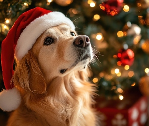 Grafika AI, Mikołaja, Golden retriever, Pies, Czapka, Świętego