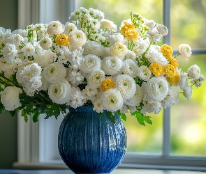 Wazon, Bukiet, Kwiaty, Okno, Żółte, Jaskry, Białe