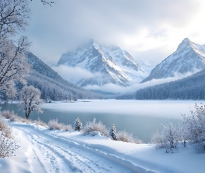 Droga, Drzewa, Góry, AI, Jezioro, Zima, Ośnieżone