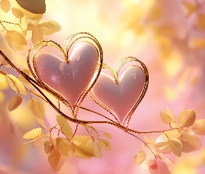 Liście, Żółte, Różowe, Grafika AI, Gałązka, Dwa, Serca