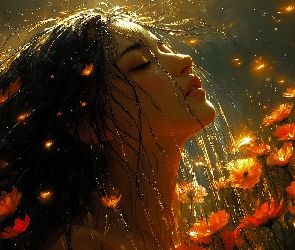 Twarz, Grafika AI, Kwiaty, Włosy, Dziewczyna