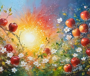 Kwiaty, AI, Grafika, Słońce, Jabłka