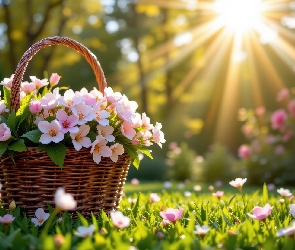 Biało-różowe, Promienie słońca, Koszyk, Kwiaty, Łąka