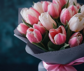 Tulipany, Kokarda, Papier, Bukiet, Różowo-białe