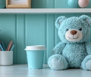 Pluszowy, Książki, Zabawka, Miś, Kredki, Niebieski, Kwiat, Kubek