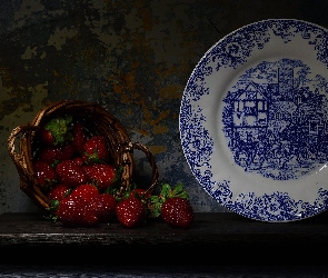 Kompozycja, Stół, Truskawki, Koszyk, Malowany, Talerz