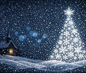 Śnieg, Kościół, Świąteczne, Grafika, Płatki śniegu, Zima, Choinka