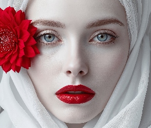 Czerwony, Kwiat, Makijaż, Grafika, Biały, Kobieta, Materiał