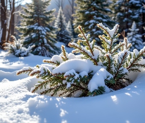 Iglaki, Gałązki, Las, Drzewa, Ośnieżone, Zima, Śnieg