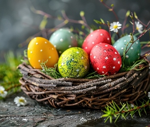 Kolorowe, Kwiaty, Gniazdo, Pisanki, Wielkanoc