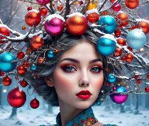 Bombki, Gałązki, Kobieta, Twarz