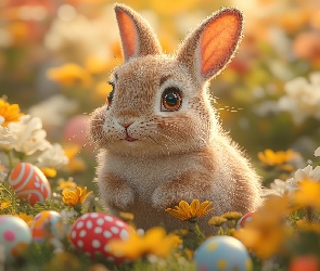 Pisanki, Grafika AI, Wielkanoc, Kwiaty, Królik