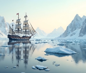 Żaglowiec, Morze, Ośnieżone, Góry