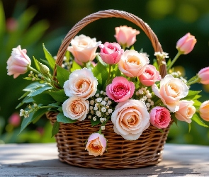 Koszyk, Wiklinowy, Kwiaty, Róże