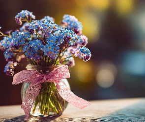 Kokardka, Różowa, Niebieskie, Grafika AI, Wazonik, Niezapominajki, Kwiaty