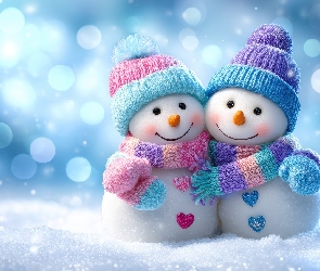 Śnieg, Szaliki, Bałwanki, Grafika AI, Czapki, Dwa, Kolorowe