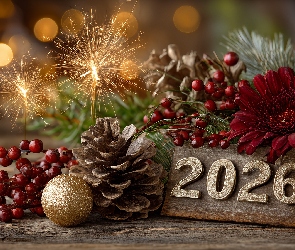 Kwiat, Szyszka, 2026, Grafika AI, Zimne ognie, Nowy Rok, Bombki