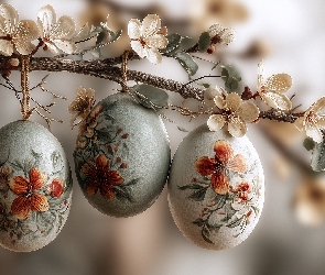 Kwiaty, Białe, Trzy, Grafika AI, Gałązka, Wielkanoc, Pisanki