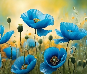 Grafika, Kwiaty, Niebieskie, Maki