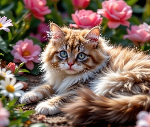 Róże, Kwiaty, Leżący, Kot