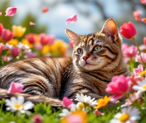 Tulipany, Kwiaty, Kot, Bury