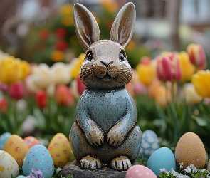 Zając, Tulipany, Pisanki, Figurka, Wielkanoc