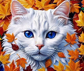 Grafika AI, Liście, Biały, Kot, Niebieskie, Oczy