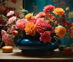 Kwiaty, Stół, Waza, Kolorowe, Bukiet